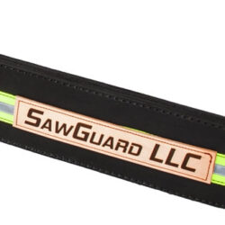 Close-up of a custom laser-engraved leather nameplate professionally stitched onto a SawGuard chainsaw cover.