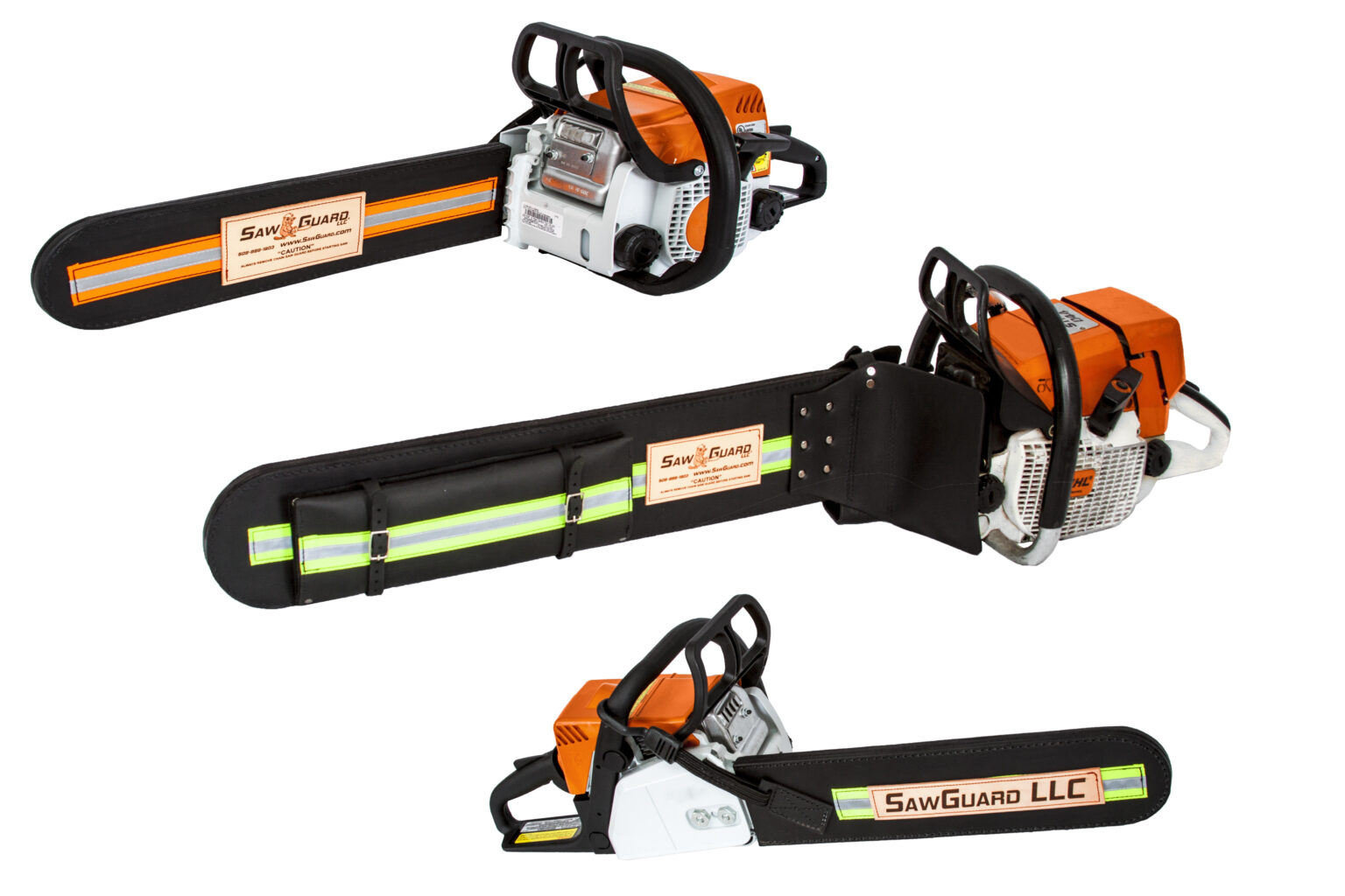 A display of three chainsaws each fitted with a different black leather SawGuard scabbard, showing a variety of custom details and features on a clean white background.