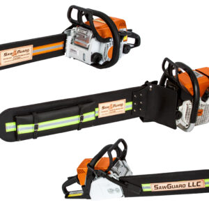 A display of three chainsaws each fitted with a different black leather SawGuard scabbard, showing a variety of custom details and features on a clean white background.